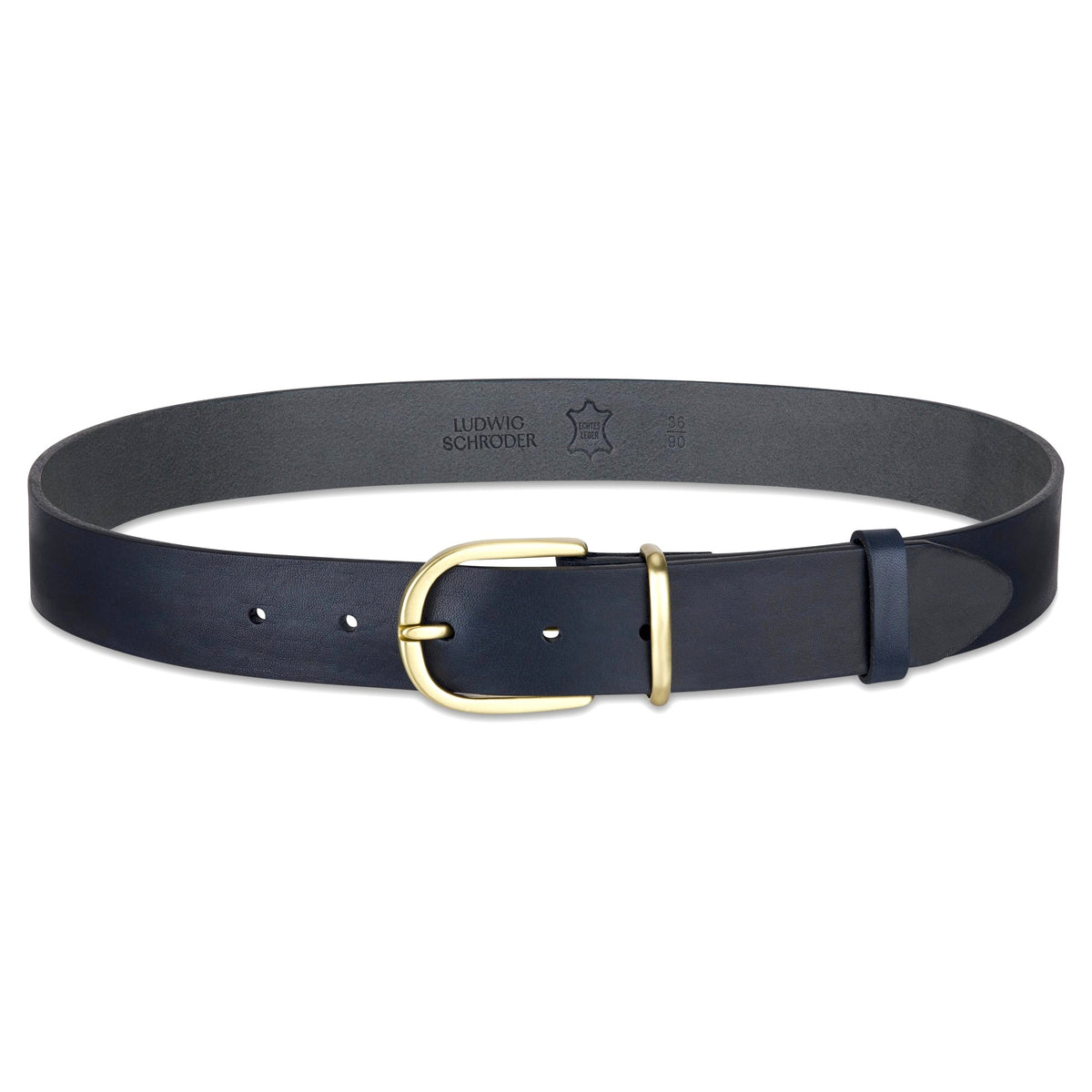 Weicher Jeansgürtel für Damen, Ledergürtel „Antonia" in Blau, 3,5cm breit, helle Gold-Schnalle Satiniert