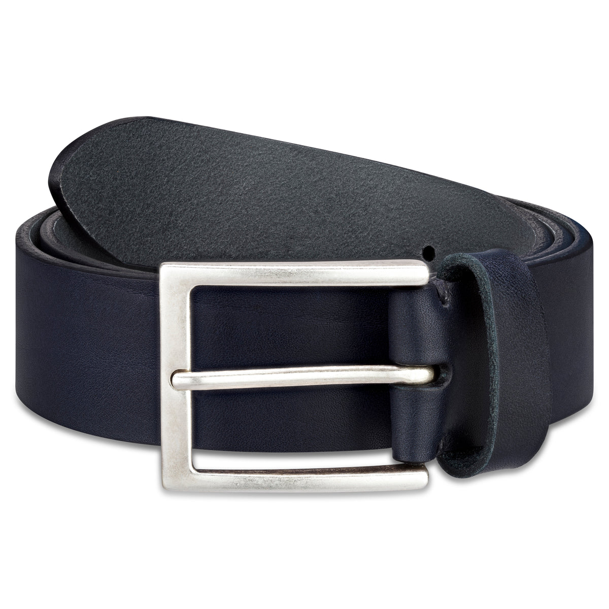 4cm Herren Jeans Ledergürtel in Dunkelblau aus dickem, pflanzlich gegerbtem Leder mit silberner Schnalle. Die Gürtelschnalle ist mit einem dicken Sattlergarn von Hand vernäht.