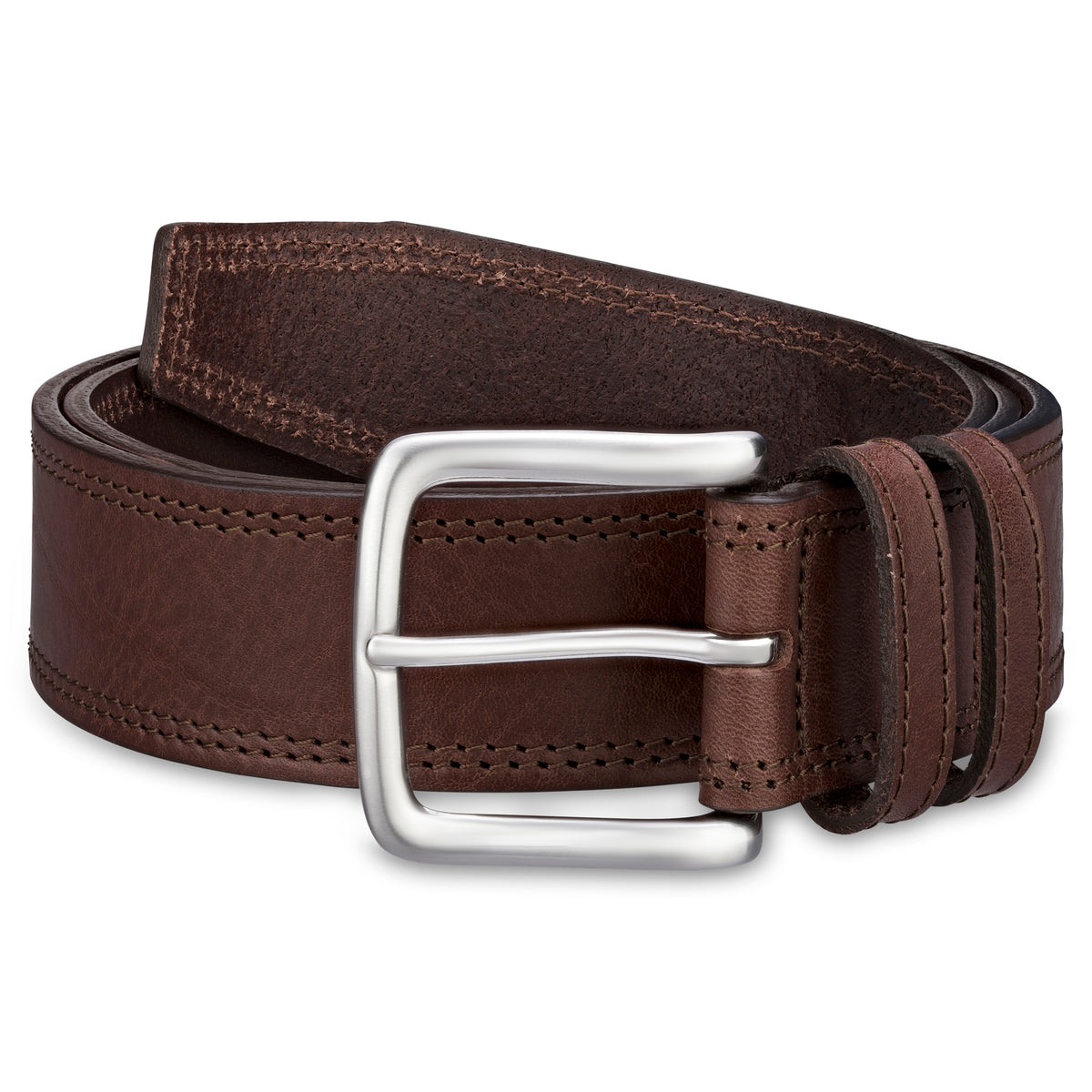 4cm breiter Jeansgürtel für Herren in Braun mit doppelter Ziernaht. Das schöne Rindleder ist einlagig. Die Gürtelschnalle ist silbersatiniert. Der Gürtel hat zwei Schlaufen. Die Spitze ist trapezförmig.