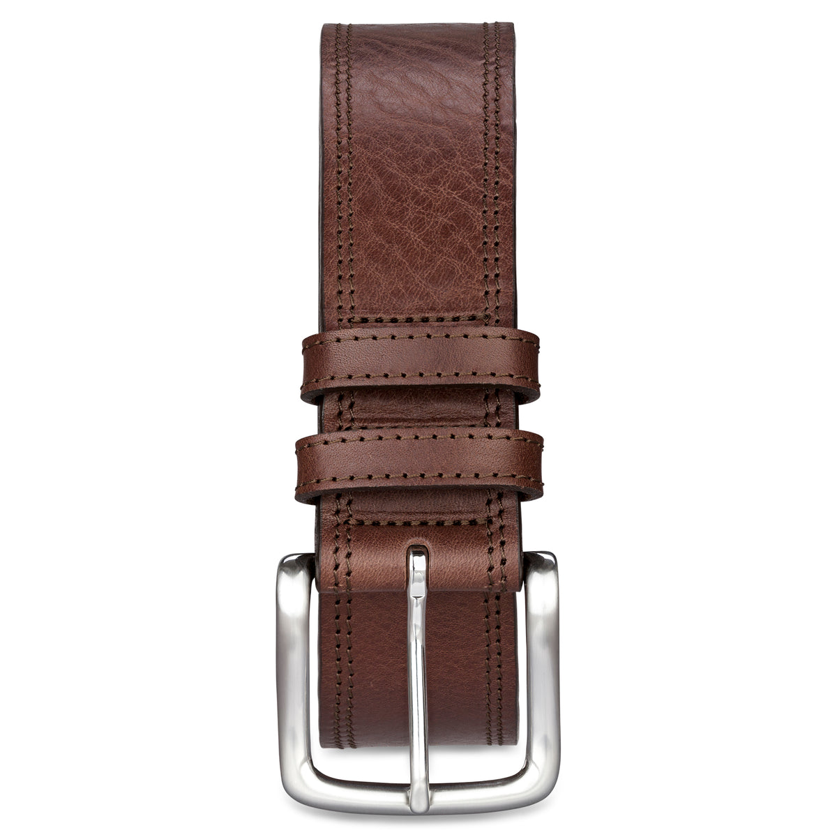 4cm breiter Jeansgürtel für Herren in Braun mit doppelter Ziernaht. Das schöne Rindleder ist einlagig. Die Gürtelschnalle ist silbersatiniert. Der Gürtel hat zwei Schlaufen. 