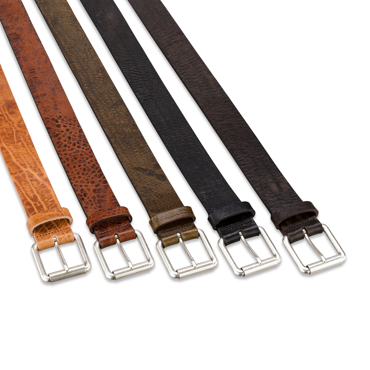4cm Gürtel mit silberner Rollschnalle im Used Look : Farben Braun, Schwarz, Cognac und Oliv. Alle aus dickem, pflanzlich gegerbtem Leder.