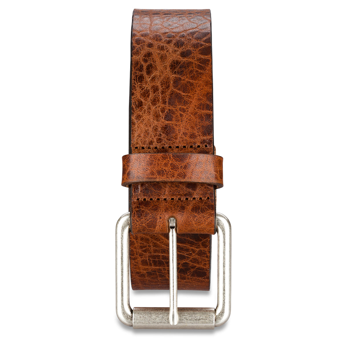 4cm Ledergürtel in Cognac mit silberner Rollschnalle im Used Look aus dickem, pflanzlich gegerbtem Leder