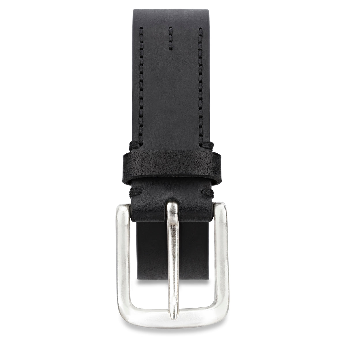extra dicker Jeansgürtel in schwarz aus Ochsenleder 4cm breit mit Handnaht, silberner Schnalle und trapezförmiger Spitze