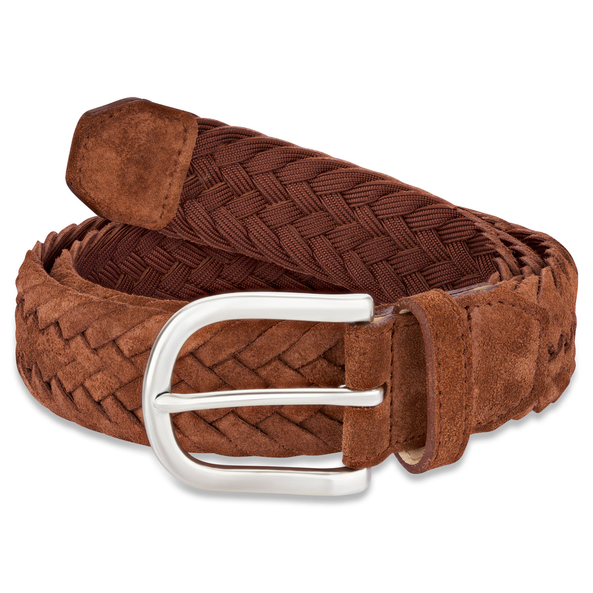 Damen Flechtgürtel aus Velours Leder in cognac