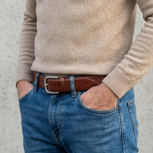 Lebenslang-Gürtel „Hannes“ in Cognac – 4 cm, bombierter Herren Jeansgürtel mit massiver Edelstahlschnalle