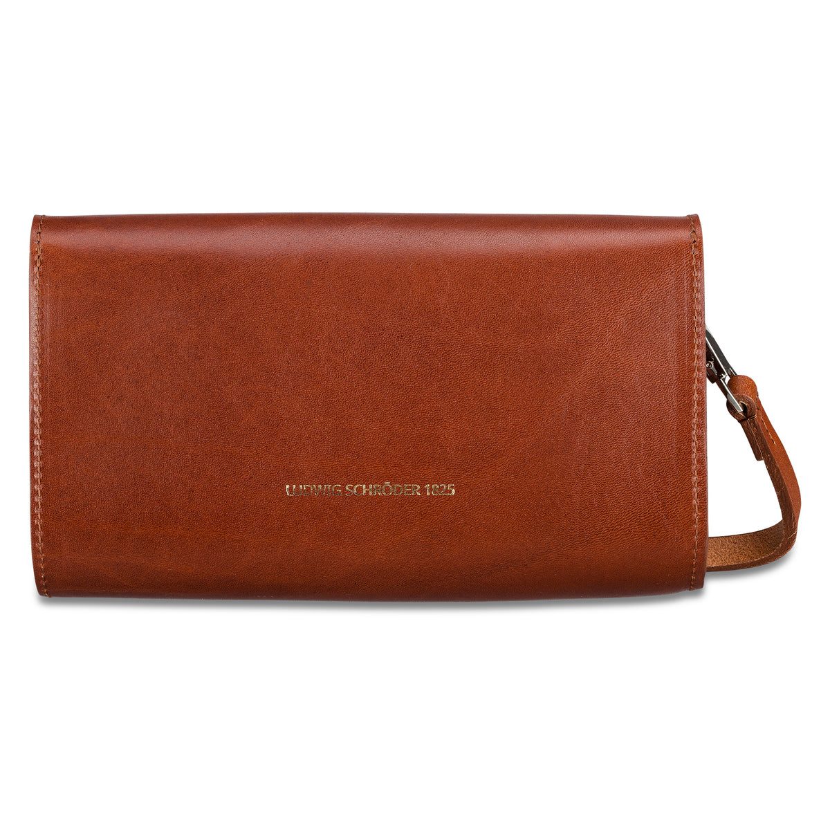 Edle kleine Lederhandtasche aus pflanzlich gegerbtem Leder in Cognac. Hier die Rückansicht mit Logoprägung. Schmaler Riemen zum Umhängen, befestigt mit kleinen silbernen Karabinern.